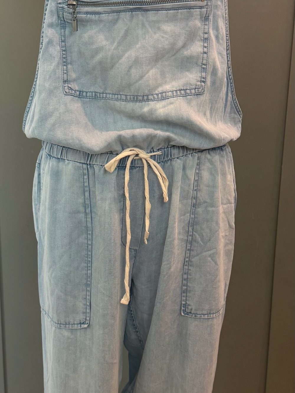 Light Wash Denim Jumpsuit with Drawstring Waist - Picture 3 of 10